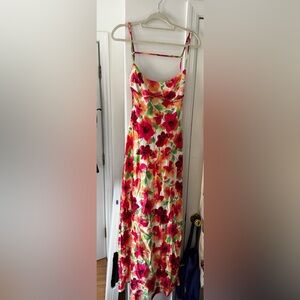 NWT Pink Satin Floral Midi Dress - Semi-Open Back - Wedding Guest Dress - Spring